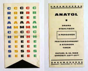 Einladungskarte zur Aktion Anatols im Creamcheese am 5.12.1968 zum Drama Stahltisch